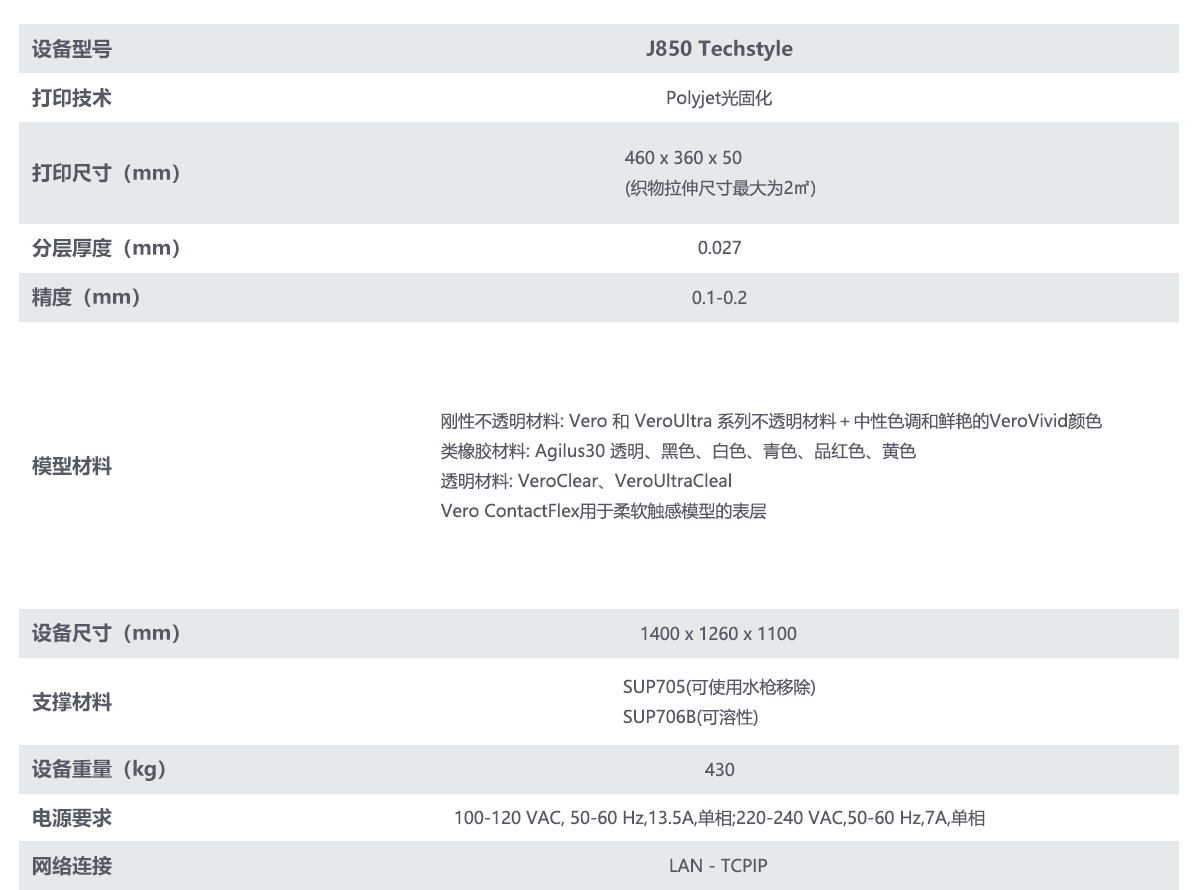 J850 TechStyle_设备参数